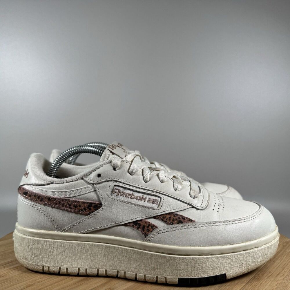S Reebok Club C Double Cheetah Sneakers Womens 6.5 White Leather Platform H67811